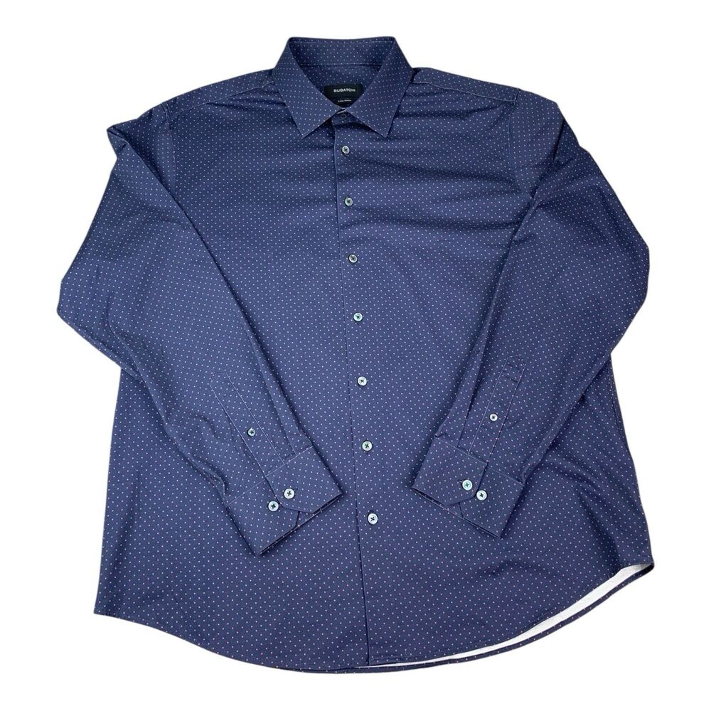 Bugatchi Long Sleeve Button Up Shirt Navy Blue Polka Dot, Stretch, Men’s Size XL
